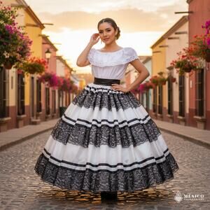 Mexican double circle skirt folklorico China Oaxaca  White and Black SKIRT only